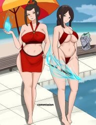 2girls avatar_legends avatar_the_last_airbender azula beach black_hair blue_fire commission crossover eastern_and_western_character elden_ring female fire fire_nation firebending fromsoftware ocean pool poolside pose red_swimsuit schynee26 sorceress_sellen swimsuit