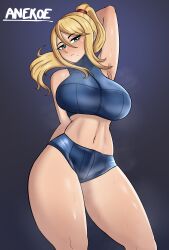 anekoe98 big_breasts blonde_hair breasts casual_outfit_(metroid) clothed clothed_female metroid nintendo samus_aran sports_bra thick_thighs