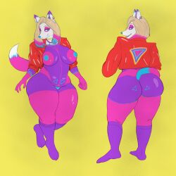 1:1 absurd_res anthro ass big_butt brown_wolf57 canid canine curvy_figure female fox foxwoman-1986 hi_res huge_filesize humanoid mammal pink_body purple_body solo thick_thighs wide_hips