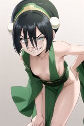 1girls ai_generated alternate_costume avatar_legends avatar_the_last_airbender bare_shoulders bending_over black_hair blind blush cleavage earth_kingdom female flat_chest flat_chested green_kimono hand_on_ass hand_on_knee kimono leaning_forward obi pelvic_curtain plunging_neckline sleeveless small_breasts smirk toph_bei_fong
