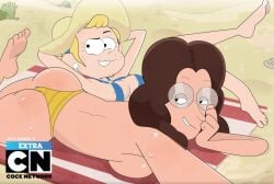 2girls :3 areola_slip armpits arms_behind_head ass beach big_ass big_breasts bikini blonde_hair brown_hair buckteeth cartoon_network clarence fat_ass female female_focus female_only glasses gosgoz large_breasts light-skinned_female light_skin long_hair lying lying_on_back lying_on_stomach mature mature_female meg_julep melanie_baker multiple_girls nipple_slip seductive seductive_smile sensual sexy_armpits teacher the_pose topless upper_teeth