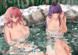 2girls adult armpits bare_arms bare_chest bare_legs bare_shoulders bare_skin bath bathhouse bathing blue_eyes blue_eyes_female blush blush_lines blushing_female breasts cleavage collarbone dot_nose elbows female female_focus female_only fingers genshin_impact hair_between_eyes hand_on_breast hand_on_chest hand_on_own_breast hand_on_own_chest high_resolution highres knees large_breasts legs light-skinned_female light_skin long_hair looking_at_viewer multiple_girls naked naked_female nude nude_female partially_submerged pink_hair pink_hair_female purple_eyes purple_eyes_female purple_hair purple_hair_female raiden_shogun rocks shoulders sideboob sitting sitting_on_floor smile smiling smiling_at_viewer snow snowing stone_wall stroking_hair syyn_(syyndev) syyndev thick_thighs towel towel_around_waist towel_only towel_over_breasts upper_body water wet wet_belly wet_body wet_breasts wet_face wet_hair wet_legs wet_pussy wet_skin wet_thighs yae_miko