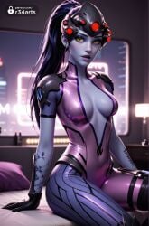 , 1girls ai_generated artist_name bed black_gloves blizzard_entertainment blurry blurry_background bodysuit breasts center_opening colored_skin earrings gloves hair_pulled_back head-mounted_display hi_res indoors jewelry lamp lips lipstick long_hair looking_at_viewer makeup medium_breasts mole on_bed overwatch overwatch_2 pink_bodysuit ponytail purple_hair purple_lips purple_skin r34arts shoulder_armor sitting skin_tight solo stud_earrings tattoo thigh_strap watermark web_address widowmaker widowmaker_(overwatch) yellow_eyes