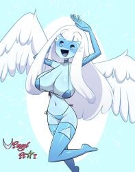 adventure_time angel angel_wings bikini blue-skinned_female blue_skin breasts elbow_gloves guardian_angel_(adventure_time) happy huge_breasts long_hair looking_at_viewer solo thighhighs usagi_star white_hair wings