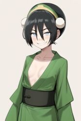 1girls ai_generated alternate_costume avatar_legends avatar_the_last_airbender black_hair blind blush cleavage earth_kingdom female flat_chest flat_chested green_kimono kimono obi plunging_neckline small_breasts smirk toph_bei_fong