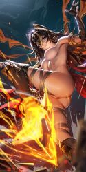 1girls blue_eyes breasts_out cat_ears dark-skinned_female dehya_(genshin_impact) genshin_impact hi_res highres kicking liang_xing looking_at_viewer looking_down medium_breasts nipples nude pussy solo solo_female tagme