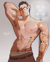 armpit_hair bara chamber_(valorant) clothing glasses haideebobs male male_nipples male_only male_pubic_hair manly mature_male muscular_male nipples riot_games tattoo valorant