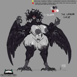 3_eyes 4_arms areola areolae avian big_areola bird_feet black_feathers black_wings character_name character_sheet creepy_smile crow eldritch eldritch_abomination eldritch_horror feathered_wings feathers giantess huge_areolae huge_breasts huge_nipples huge_thighs large_areolae larger_female long_nose multi_arm multi_eye multi_limb muscular_female nightmare_fuel nightmare_waifu original_character reference_sheet size_difference smaller_male tentacle_hair the_looming_curse_(zeblackballd) wings wings_on_head ze_blackball.d zeblackballd_(artist)