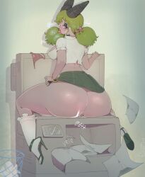 anus ass big_butt biped bottomwear breasts clothed clothing female footwear fullmontis genitals green_hair hair hi_res high_heels huge_butt humanoid no_underwear panties photocopier pupils pussy skirt solo thick_thighs underwear