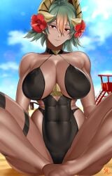 1girls abs alternate_costume arcedo bare_arms bare_legs bare_shoulders barefoot beach black_one-piece_swimsuit black_swimsuit breasts cleavage collarbone covered_navel dark-skinned_female dark_skin ear_piercing female female_only fire_emblem fire_emblem_heroes flower green_hair hair_between_eyes hair_flower horns laegjarn_(fire_emblem) large_breasts legs looking_at_viewer multicolored_hair muscular muscular_female nintendo official_alternate_costume one-piece_swimsuit outdoors piercing red_eyes short_hair shoulders sitting smile solo spread_legs swimsuit