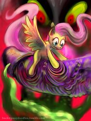 2017 :| buckitponydoodles claws discord_(mlp) draconequus duo equine erection feathered_wings feathers female feral fluttershy_(mlp) friendship_is_magic humanoid_penis larger_male male mammal my_little_pony pegasus penis psychedelic purple_penis red_eyes size_difference smaller_female spread_wings straight surprise url wings yellow_sclera