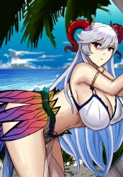 1girls against_tree alternate_costume arm_support bare_arms bare_midriff beach bent_over bikini blue_hair breasts cleavage colored_inner_hair day female female_only fire_emblem fire_emblem_heroes flower freyja_(fire_emblem) freyja_(summer)_(fire_emblem) grey_hair hair_between_eyes hair_flower horns large_breasts long_hair looking_back ludook midriff multicolored_hair nintendo ocean official_alternate_costume outdoors palm_tree pelvic_curtain red_eyes see-through solo swimsuit tree very_long_hair white_bikini white_swimsuit