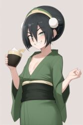1girls ai_generated alternate_costume avatar_legends avatar_the_last_airbender black_hair blind blush cleavage drink earth_kingdom female flat_chest flat_chested green_kimono kimono obi plunging_neckline small_breasts smiling smirk solo toph_bei_fong