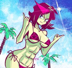 1girls abs beach big_breasts bikini black_hair blackwidow_apocalypse blue_eyes capslockcrush hourglass_figure izzy_fisher muscular_female official_art official_artist palm_tree palm_trees palms pink_highlights star_bra striped_bikini webcomic webtoon