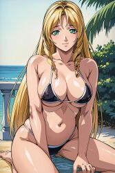 1girls ai_generated bible_black big_breasts bikini blonde_hair cleavage female green_eyes hi_res kneeling looking_at_viewer nipple_bulge outside shiraki_rika solo very_long_hair