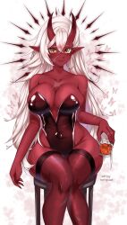 1girls akumi female horns huge_breasts oni oni_horns red_horns red_skin scars solo virtual_youtuber vyugen white_hair yellow_eyes