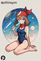 ai_generated bandana bangs barefoot blue_eyes blue_one-piece_swimsuit blush breasts brown_hair cleavage closed_mouth covered_navel eating female food full_body hair_between_eyes holding holding_food looking_at_viewer may_(pokemon) medium_breasts one-piece_swimsuit pikkiwynn planet pokemon popsicle red_bandana scarf school_swimsuit sitting smile solo star_(symbol) swimsuit toes wariza
