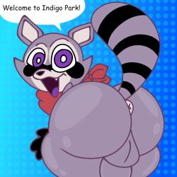 1boy anthro anus artificial_intelligence ass balls big_ass big_butt femboy hi_res huge_ass huge_butt indigo_park large_ass looking_at_viewer looking_back male male_only mammal procyonid purple_eyes purple_tongue raccoon rambley_(indigo_park) rear_view skeletonhearts smile smiling smiling_at_viewer solo tail thick_thighs tongue