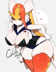 1girls anthro anthro_only bent_over big_breasts blush bunnysuit choker cinderace female female_only generation_8_pokemon heart-shaped_pupils hi_res huge_thighs looking_at_viewer nintendo orange_eyes pokemon pokemon_(species) skindentation solo text thick_thighs toge77789 togetoge white_background