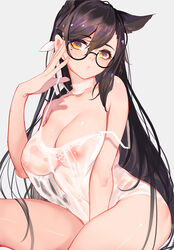 adjusting_glasses animal_ears atago_(azur_lane) azur_lane bespectacled black-framed_eyewear black_hair blush breasts brown_eyes chemise choker cleavage female glasses grey_background head_tilt inverted_nipples large_breasts long_hair mole mole_under_eye navel puckered_lips see-through simple_background sitting solo strap_lift strap_slip under-rim_eyewear underwear underwear_only xiaoshou_xiansheng