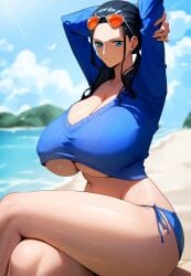 1girls ai_due ai_generated bare_legs bare_thighs big_breasts bikini_bottom black_hair blue_eyes blush clothed clothing color female female_focus female_only hi_res large_breasts light-skinned_female light_skin long_hair looking_at_viewer nico_robin one_piece shirt shounen_jump solo solo_female sunglasses sunglasses_on_head tagme thick_thighs underboob water