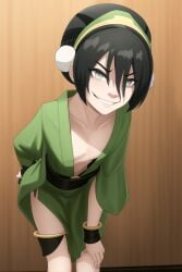1girls ai_generated alternate_costume avatar_legends avatar_the_last_airbender bending_over black_hair blind blush cleavage earth_kingdom female flat_chest flat_chested green_kimono hand_on_ass hand_on_knee kimono leaning_forward obi plunging_neckline small_breasts smirk toph_bei_fong