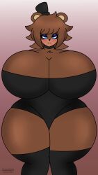 2024 animatronic anthro ass_bigger_than_head big_ass big_breasts blue_eyes blush breasts_bigger_than_head brown_fur dropedartist dumptruck_ass enormous_ass enormous_breasts five_nights_at_freddy's freddy_(fnaf) fredina's_nightclub fredina_(cally3d) frenni_fazclaire furry furry_female furry_only genderswap genderswap_(mtf) hat huge_ass huge_breasts looking_away piercing rule63 self_upload smile socks thick thick_thighs