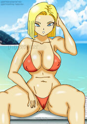 1girls android_18 bikini blonde_hair blue_eyes breasts cameltoe cleavage ddbrothers dragon_ball dragon_ball_z female female_only hourglass_figure milf nipple_bulge solo spread_legs voluptuous