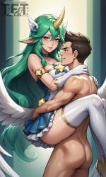 1boy 1girls ai_generated carrying_partner green_eyes green_hair high_heels horn league_of_legends male soraka star_guardian_series star_guardian_soraka thighhighs touchfluffytails wings