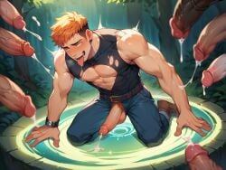 ahe_gao ahegao_face ai_generated bara cum_dripping_from_penis cum_spurt forest_background forest_sex ginger ginger_hair lustful_gaze magic_circle muscular_male orgy portal ritual ritual_sex satisfied_look sleeveless_shirt spaceemperor32089 summoning_circle willing_sex_slave yaoi