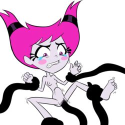 barefoot biting_lip breasts crying dc_comics female forced jinx_(dc) looking_down naked nipples pink_eyes pink_hair pussy rape shaking short_hair small_breasts spread_legs stomach_bulge stuff18over teen_titans teen_titans_go tentacle tentacle_rape upset