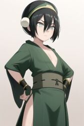 1girls ai_generated alternate_costume avatar_legends avatar_the_last_airbender black_hair blind blush cleavage earth_kingdom female flat_chest flat_chested green_kimono hands_on_hips kimono obi plunging_neckline small_breasts toph_bei_fong