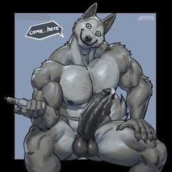 1:1 2024 amon-sydonai anthro balls bodily_fluids canid canine canis claws creepypasta demon domestic_dog fur genital_fluids genitals hi_res horizontal_pupils humanoid_genitalia humanoid_penis husky inviting leaking_precum male male_only mammal muscular muscular_anthro muscular_male nipples nordic_sled_dog patreon pawpads pecs penis precum pupils signature smile.dog solo spitz text url vein veiny_penis