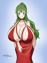 1girls alternate_costume bare_shoulders bare_thighs blue_background blush breasts choker cleavage collarbone dress female female_only fire_emblem fire_emblem_awakening gigantic_breasts green_eyes green_hair grin hand_on_own_chest hourglass_figure long_hair looking_at_viewer modakawa_dress nintendo ponytail shoulders side_slit sideboob sixtybuzzer skindentation smile solo thighs tiki_(adult)_(fire_emblem) tiki_(fire_emblem) very_long_hair wide_hips