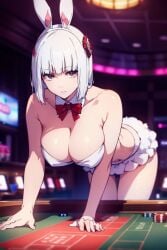 ai_generated bent_over bent_over_table big_ass big_breasts blush bunny bunny_costume bunny_ears bunny_girl bunnygirl bunnysuit cute cute_face eyelashes gambling jujutsu_kaisen multicolored_hair pink_eyes pov pov_eye_contact shounen_jump slim_waist thick_thighs uraume white_hair