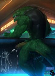 alcohol backsack balls beverage big_penis bodily_fluids bottomless clothed clothing crocodile crocodilian crocodylid cum cumshot ejaculation erection genital_fluids genitals hi_res humanoid_genitalia humanoid_penis killer_croc looking_at_viewer looking_back male male_only muscular muscular_male penis public_masturbation reptile scalie sitting todex topwear vest