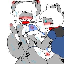 2female big_breasts big_thighs breast_sucking changed_(video_game) furry kemono pussy shark shark_tail tiger_shark_(changed)