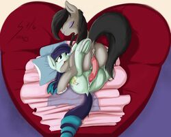 2016 anus ass bed bed_covers bedding black_hair closed_eyes coloratura_(mlp) cutie_mark dildo dock double_dildo duo earth_pony equine female feral feral_on_feral friendship_is_magic hair heart heart_shaped_bed hi_res horse horseshoe long_hair looking_pleasured lying mammal multicolored_hair my_little_pony octavia_melody on_back on_bed open_mouth penetration pillow pony pussy pussy_juice rear_view sex sex_toy soccy teal_eyes underhoof vaginal_penetration yuri