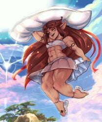 abs biceps big_thighs black_sclera brown_hair buff elf elf_ears elf_female feet female female_only floating hat long_hair markings midriff muscles muscular muscular_female oc oerba_yun_fang original_character reliusmax sandals see-through shortstack skirt summer tattoos thick thick_legs thighs toes