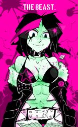 1girls abs big_breasts black_hair blackwidow_apocalypse blue_eyes bra capslockcrush coat fishnets izzy_fisher muscular_female official_art official_artist pink_background pink_highlights sharp_teeth short_shorts star_bra webcomic webtoon