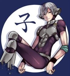 1boy armor black_eyes blue_background circle cropped_legs headgear juuni_taisen looking_at_viewer male male_only shin_guards short_sleeves silver_hair simple_background solo sumino_tsugiyoshi