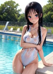 1girls 2d ai_generated athletic athletic_female bare_shoulders belly black_hair blue_eyes chest cleavage curvy curvy_figure cute cute_face detailed eyelashes eyeshadow female female_only fit fit_female focus high_quality hime_cut k-on! legs leotard light-skinned_female light_skin lips lipstick long_hair looking_at_viewer makeup mascara mature medium_breasts midriff mio_akiyama_(k-on!) naked navel nero100 one-piece_swimsuit pale-skinned_female pale_skin petite petite_body posing school_swimsuit seductive seductive_look skin_tight stable_diffusion swimsuit swimwear tagme thighs young younger_female