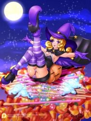 ass blonde_hair breasts cameltoe cleavage deadphoenx female female_only looking_at_viewer panties purple_eyes solo thighhighs witch_hat