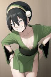 1girls ai_generated alternate_costume avatar_legends avatar_the_last_airbender black_hair blind blush cleavage earth_kingdom female flat_chest flat_chested green_kimono hands_on_hips kimono obi pelvic_curtain plunging_neckline small_breasts smirk toph_bei_fong