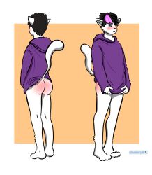 anthro ass barefoot black_hair black_nose blush bottomless bottomless_male butt_slap chesterpill closed_eyes clothed clothing covering covering_crotch covering_self digital_media_(artwork) embarrassed feet front_and_back hair hi_res hoodie humiliation male multiple_angles pink_hair simple_coloring slap solo spank_marks spanking topwear white_body