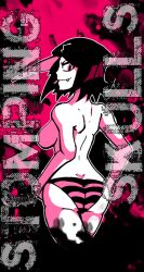 1girls big_breasts big_butt black_hair blackwidow_apocalypse capslockcrush english_text hourglass_figure izzy_fisher official_art official_artist pink_eyes pink_highlights sideboob striped_panties text topless webcomic webtoon