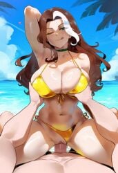 1boy 1girls ai_generated beach bikini breast_grab cowgirl_position large_breasts licking_lips looking_pleasured marvel multicolored_hair rogue_(x-men) sex swimsuit_aside thiccwithaq_(ai_style) tittyg-ai vaginal_penetration x-men