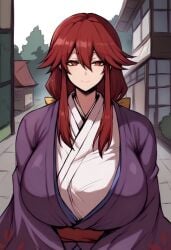 ai_generated bow breasts_bigger_than_head hair_ribbon huge_breasts japanese_clothes junihitoe kimono kotohime kotohime_(touhou) obi ponytail princess purple_coat purple_kimono red_eyes red_hair ribbon sidelocks smile solo touhou white_kimono yellow_bow yellow_ribbon