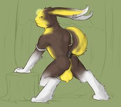 2017 anthro anus balls big_balls brown_fur ear_piercing fur himerosthegod lagomorph looking_back male male_only mammal piercing presenting presenting_anus rabbit simple_background solo var_arden_(himeros) white_fur yellow_fur