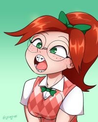 braces cum_on_face cumshot female ginger_hair green_eyes imminent_cumshot lech_lewds natalie_collins open_mouth school_uniform